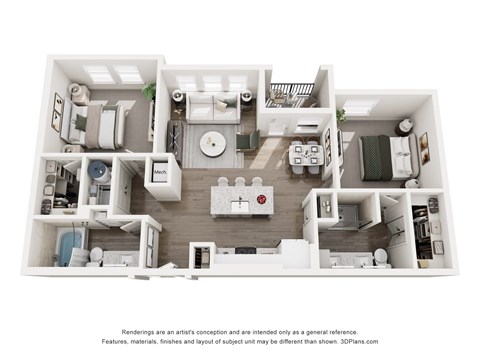Floor plan for 2 beds, 2 baths, 1005 sqft